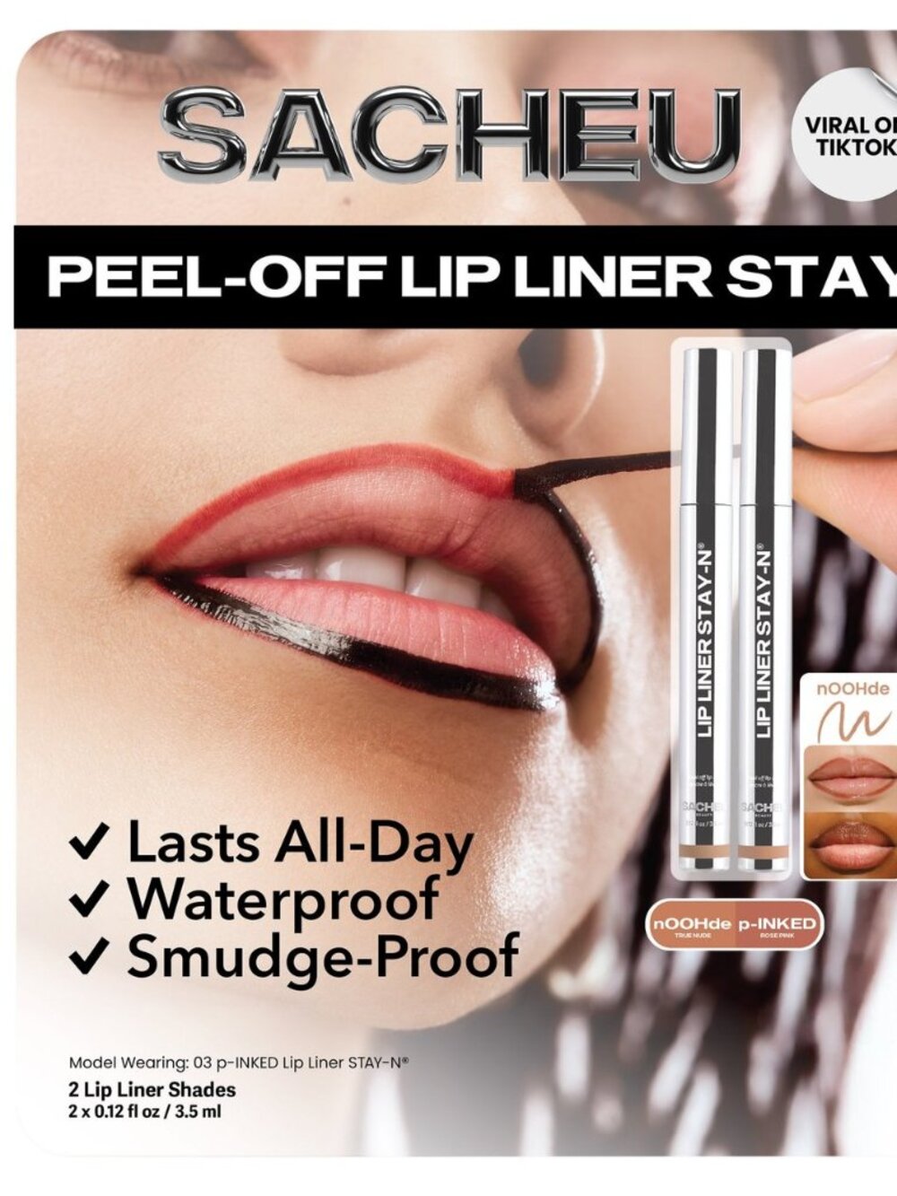 Sacheu Peel Off Lip Liner  2-Pack n00Hde True Nude and p-INKED Rose Pink, NEW